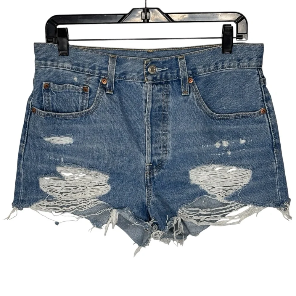 Levis 501 Vintage Denim Shorts Frayed Hem High Waist Button Fly Distressed 30
